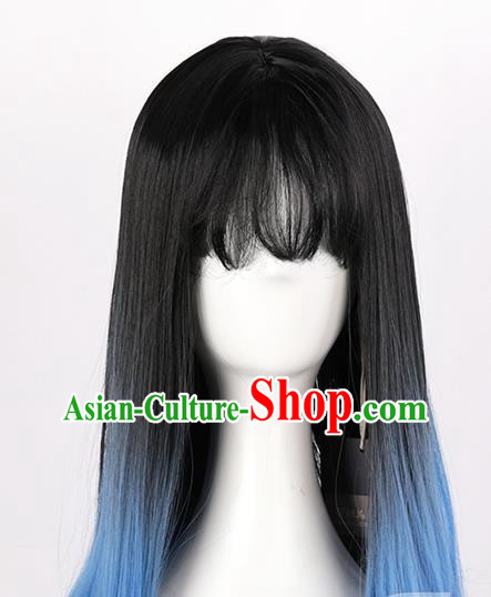 Black Gradient Sapphire Blue Dyed Mid Length Inner Button Curly Hair Ladies Daily Air Bangs Full Wig