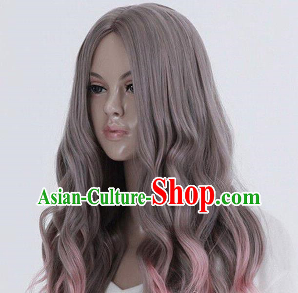 European And American Long Curly Hair Corn Perm Gray Gradient Pink Middle Parted Scalp Ladies Prom Lolita Wig