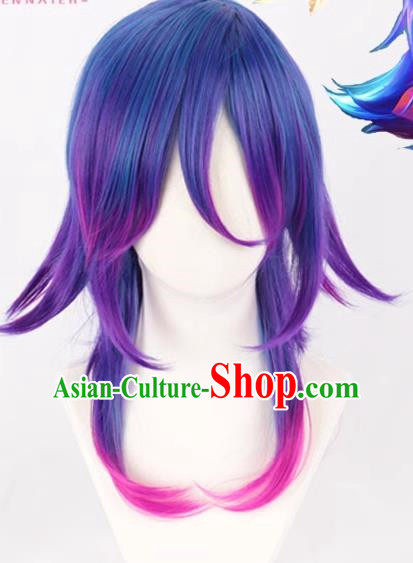 Nicole Wanhua Psychic Purple Blue Curved Short Hair Female Animation Cos Wig