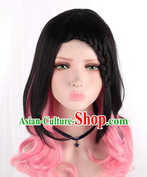 Lolita Girls Fake Hair Black Mixed Pink Side Braids Cos Daily Wig