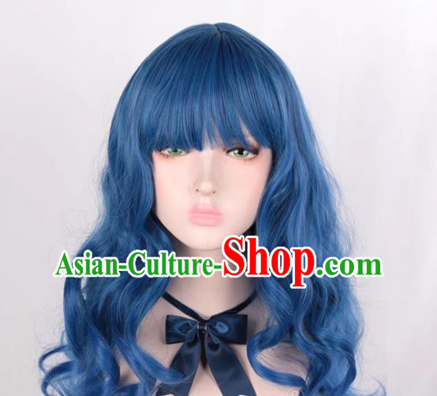 Mixed Blue Air Bangs Long Curly Hair European And American Medium Length Cosplay Party Big Wave Wig