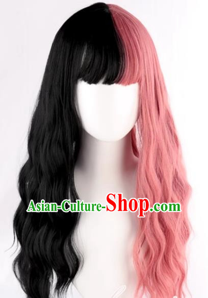 Double Color Black Pink Lolita Girl With Full Bangs Corn Perm Slightly Curly Long Hair Full Wig