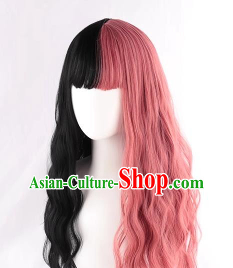 Double Color Black Pink Lolita Girl With Full Bangs Corn Perm Slightly Curly Long Hair Full Wig