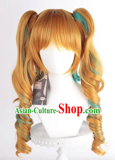 The Binder Shinzan Renzi Golden Brown Turquoise Highlighted Cos Wig Main Body Double Ponytail Long Curly Hair