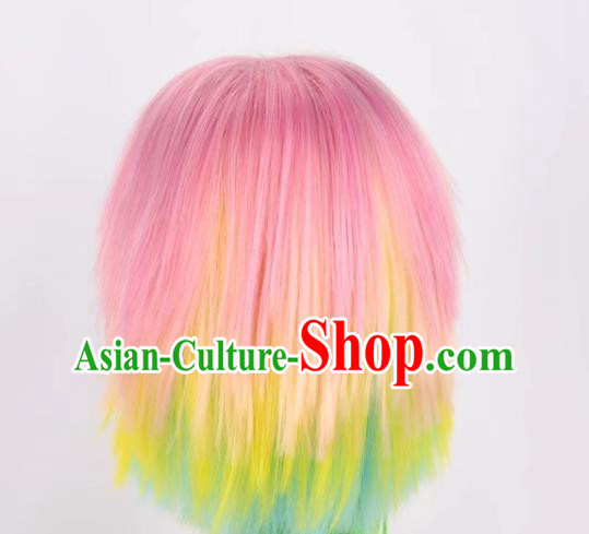 Rainbow Mixed Short Straight Hair Fluffy Women's Cosplay Short Hair Yellow Green White Gradient Wig