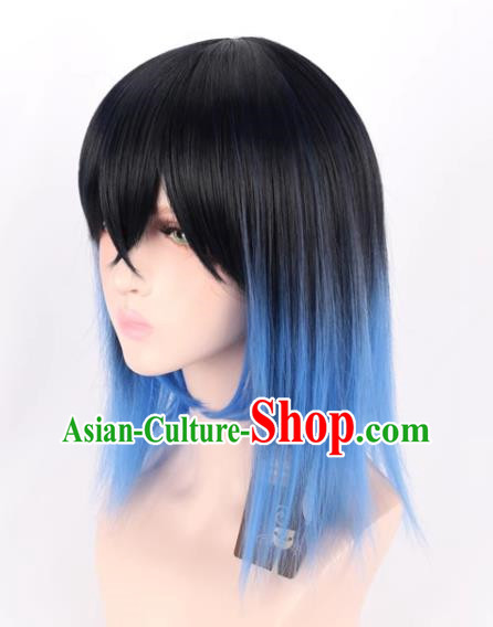 Demon Slayer Cos Mouth Flat Inosuke Pig Faced Beautiful Boy Black Gradient Blue Cos Wig