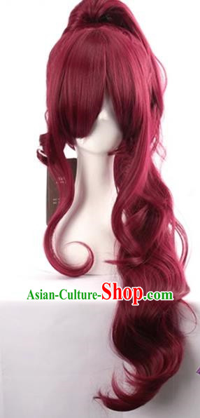 Dark Wine Red Long Curly Hair Single Ponytail Cos Wig