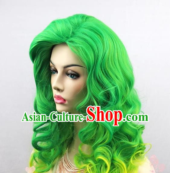 Green Yellow Wig Lady Gaga Hairstyle Long Curly Hair Gradient Color Cosplay