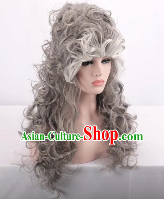 European And American Palace High Hat Style Mixed Gray Ladies Full Fake Hair Long Curly Hair Cosplay Wig