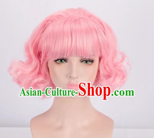 European And American Light Pink Short Curly Hair With Bangs And Full Headband For Women With Fake Hair Cos Wig