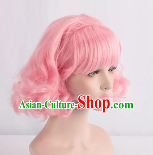 European And American Light Pink Short Curly Hair With Bangs And Full Headband For Women With Fake Hair Cos Wig