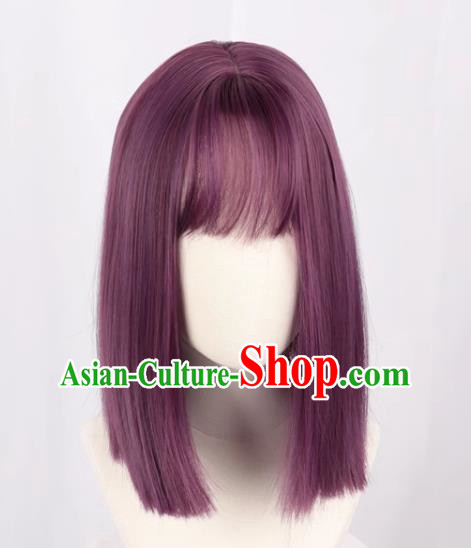 Purple Female Medium Length Straight Clavicle Hair Nakamura Yuri Angel Beats Full Cos Wig