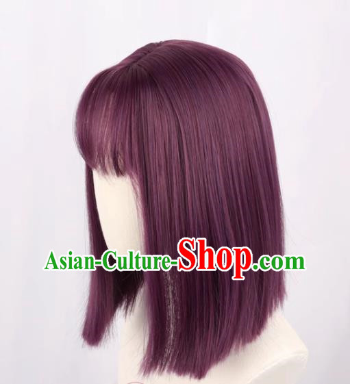 Purple Female Medium Length Straight Clavicle Hair Nakamura Yuri Angel Beats Full Cos Wig