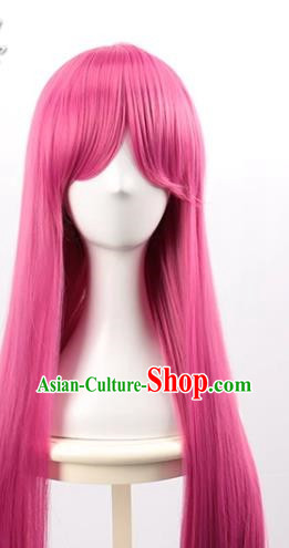 Rose Red 80CM Long Straight Hair With Oblique Bangs And High Temperature Silk Women Nightclub Fake Hair Cosplay Wig