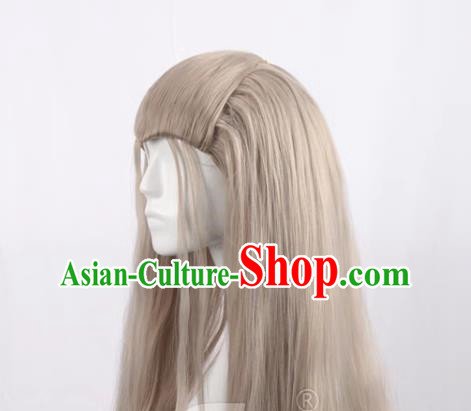 Linen Gray Men Long Curly Hair Cos Anime Wig