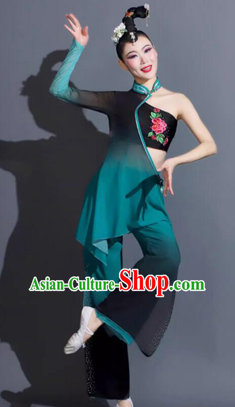 China Woman Solo Stage Performance Clothing Taoli Cup Dance Competition Dark Green Outfit Fan Dance Costume