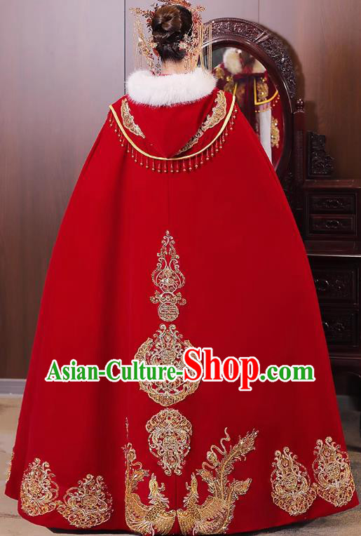 China Ancient Bride Costume Traditional Hanfu Wedding Clothing Embroidered Red Cloak