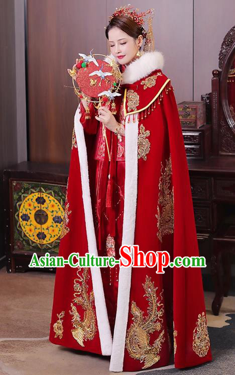 China Ancient Bride Costume Traditional Hanfu Wedding Clothing Embroidered Red Cloak