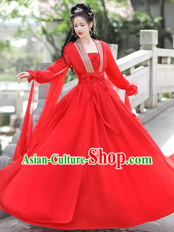 China Fairy Red Dress Ancient Goddess Costume Traditional Hanfu San Sheng San Shi Bai Fengjiu Clothing