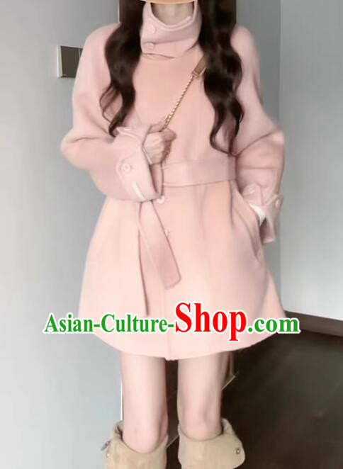Plus Size Female Pink Woolen Jacket Woman Elegant Slim Coat Winter Stand Collar Costume