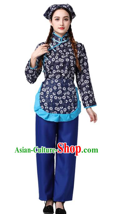 China Hakka Style Village Girl Costume  Folk Dance Blue Outfit Traditional Yangko Picking Tea Performance Clothing