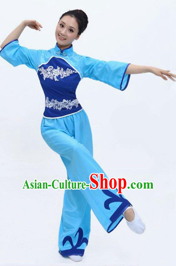 China Folk Dance Blue Outfit Yangko Dance Picking Tea Girl Clothing Hakka Style Performance Costume