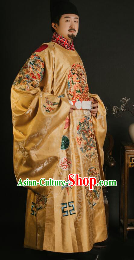China Ancient Clothing Ming Dynasty Replicate Clothing Emperor Yellow Embroidered Robe