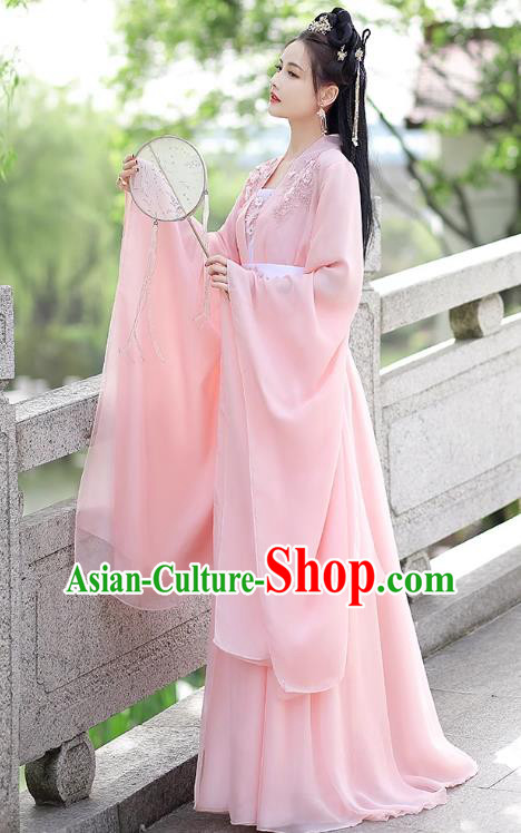 China Ancient Clothing Traditional Wide Sleeve Pink Hanfu Dress Tang Dynasty Princess Costume
