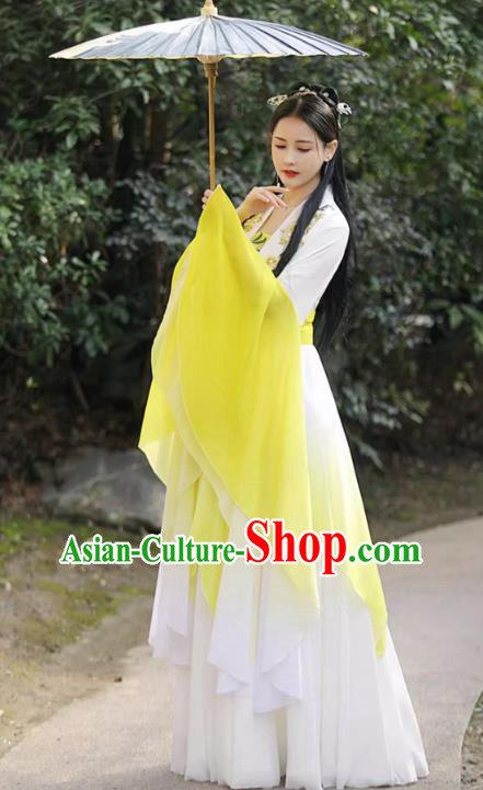 Female Hanfu Yellow Wide Sleeve Flow Fairy Dress China Jin Dynasty Costume Ancient Goddess Clothing