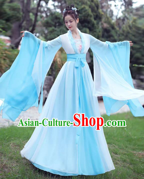 China Ancient Hanfu Classical Dance Clothing Light Blue Fairy Dress Song Dynasty Princess Costume