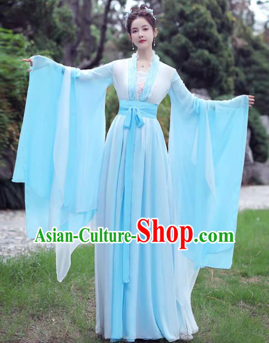 China Ancient Hanfu Classical Dance Clothing Light Blue Fairy Dress Song Dynasty Princess Costume