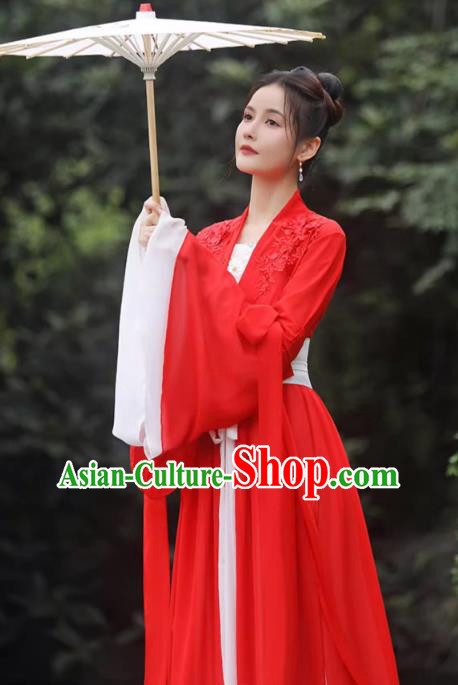 China Red Fairy Dress Ancient Wedding Hanfu Classical Dance Clothing Han Dynasty Princess Costume