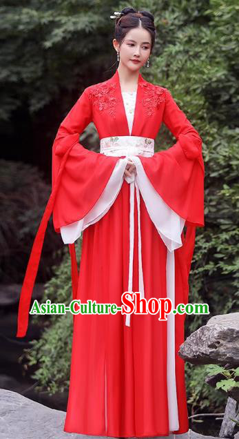 China Red Fairy Dress Ancient Wedding Hanfu Classical Dance Clothing Han Dynasty Princess Costume