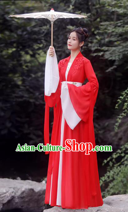 China Red Fairy Dress Ancient Wedding Hanfu Classical Dance Clothing Han Dynasty Princess Costume