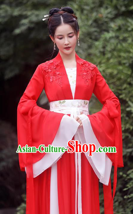 China Red Fairy Dress Ancient Wedding Hanfu Classical Dance Clothing Han Dynasty Princess Costume