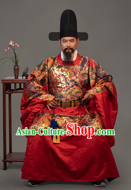 China Ancient Official Clothing Male Hanfu Red Brocade Robe Ming Dynasty Prime Minister Costume
