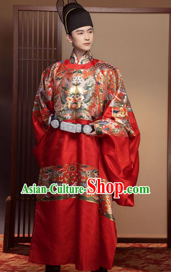 China Male Wedding Hanfu Red Brocade Robe Ming Dynasty Groom Costume Ancient Scholar Clothing