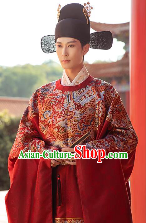 China Ancient Number One Scholar Zhuangyuan Clothing Male Wedding Hanfu Red Robe Ming Dynasty Groom Costume
