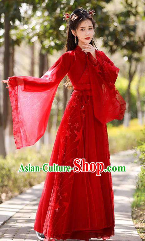China Classical Jing Hong Dance Red Dress Ancient Fairy Hanfu Han Dynasty Bride Costume