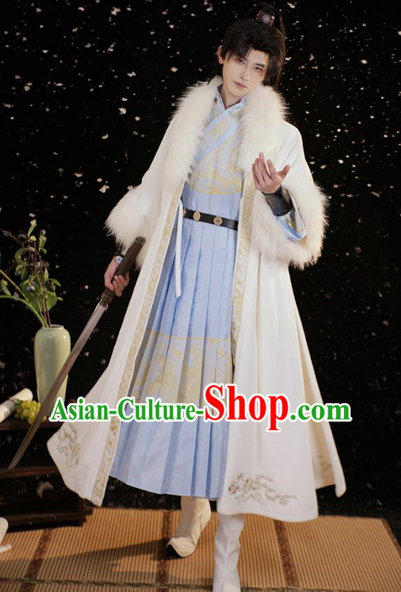China Ming Dynasty Costumes Ancient Young Childe Clothing Traditional Hanfu Blue Ye Sa Feiyu Robe and Beizi Complete Set