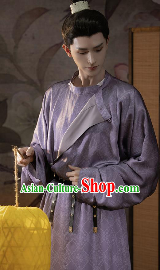China Tang Dynasty Swordsman Clothing Ancient Young Hero Costumes Traditional Male Hanfu Purple Round Collar Robe