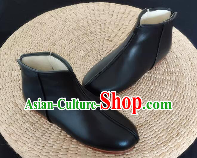 China Winter Insulated Shoes Old Beijing Shoes Handmade Leather Boots Black Kung Fu Boots