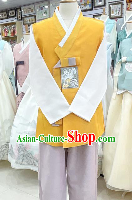 Traditional Hanbok Embroidered Male Costumes Korean Wedding Groom Clothing Yellow Shirt and Pants