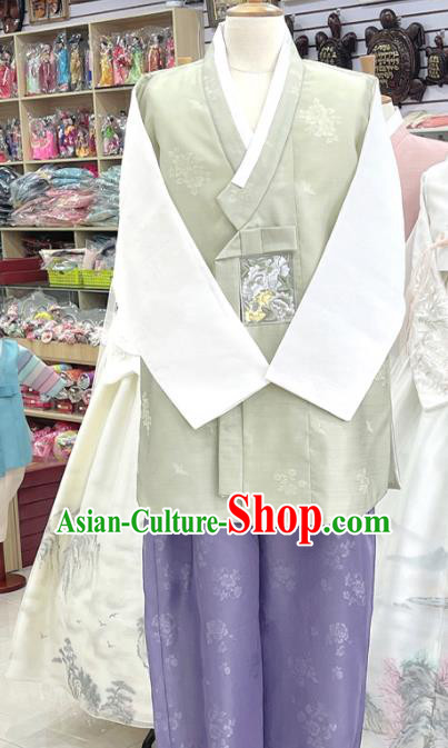 Traditional Groom Hanbok Green Shirt and Purple Pants Korean Embroidered Male Costumes Wedding Clothing