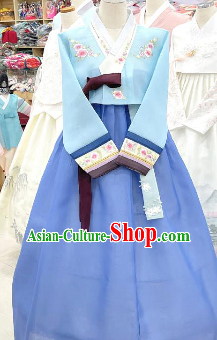 Traditional Hanbok Korean Wedding Costumes Embroidered Blue Blouse and Dress Complete Set