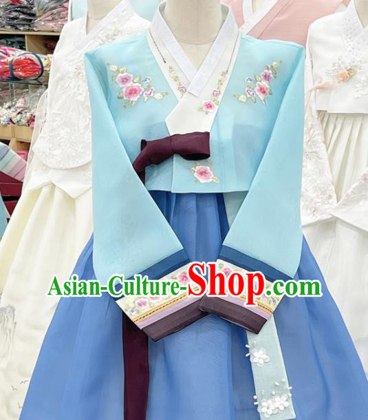 Traditional Hanbok Korean Wedding Costumes Embroidered Blue Blouse and Dress Complete Set
