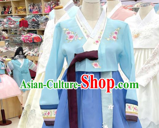 Traditional Hanbok Korean Wedding Costumes Embroidered Blue Blouse and Dress Complete Set