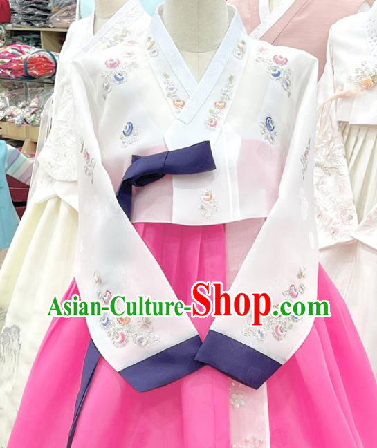 Korean Bride Clothing Embroidered White Blouse and Pink Dress Traditional Hanbok Wedding Costumes