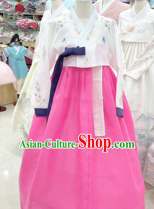 Korean Bride Clothing Embroidered White Blouse and Pink Dress Traditional Hanbok Wedding Costumes