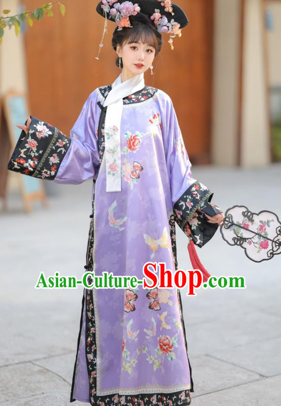 China Qing Dynasty Princess Clothing Manchu Woman Purple Dress Ancient Palace Lady Costume